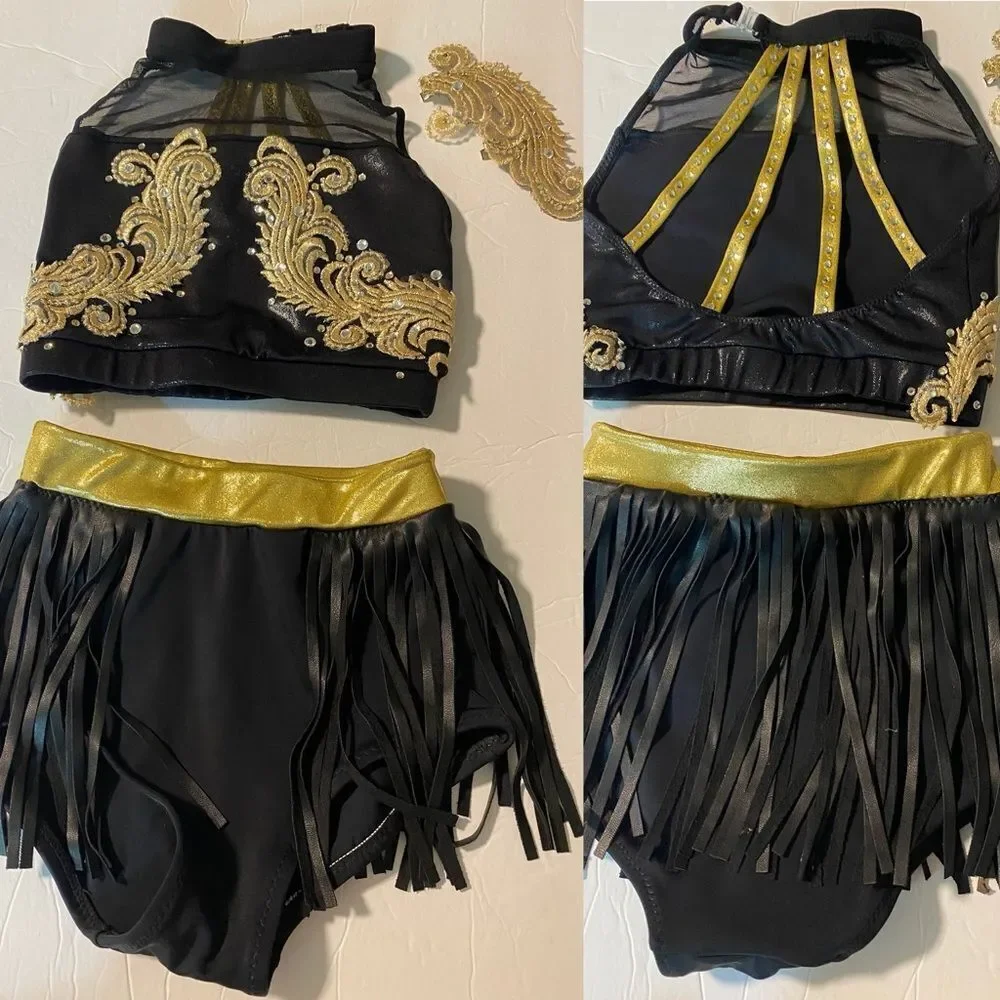 Custom glamorous mature solo dance costume 2 piece leather fringe black MC LC